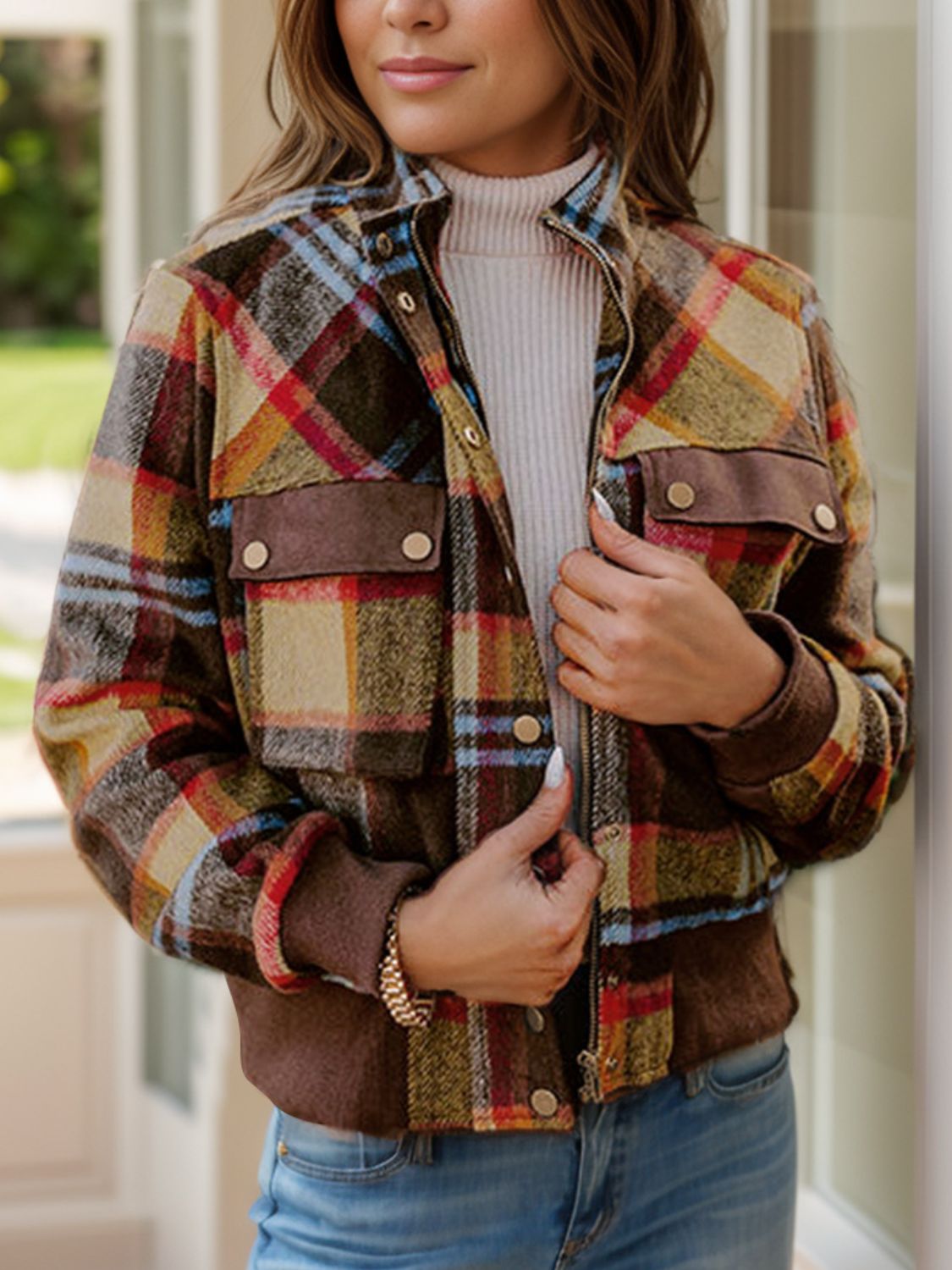 Pocketed Plaid Long Sleeve Jacket NicholesGifts