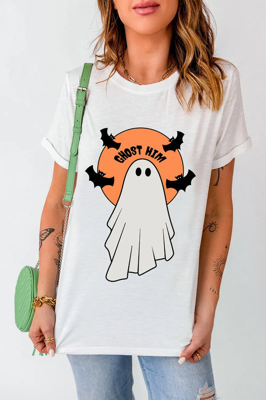 White full size ghost round neck short sleeve t-shirt with black bat graphic and orange background worn by woman