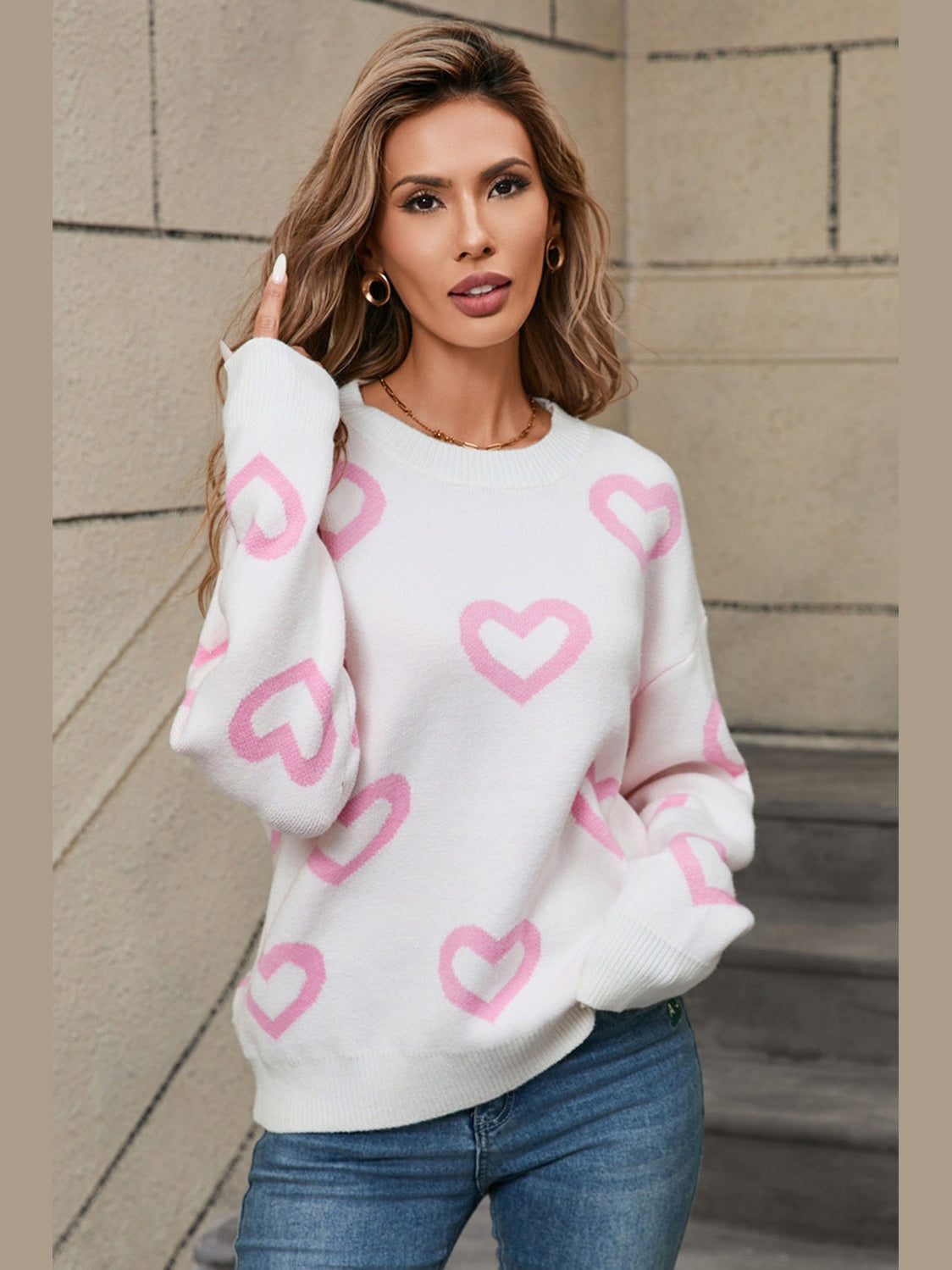 Women Angel Wings Heart Round Neck Dropped Shoulder Long Sleeve Sweater nicholesgifts