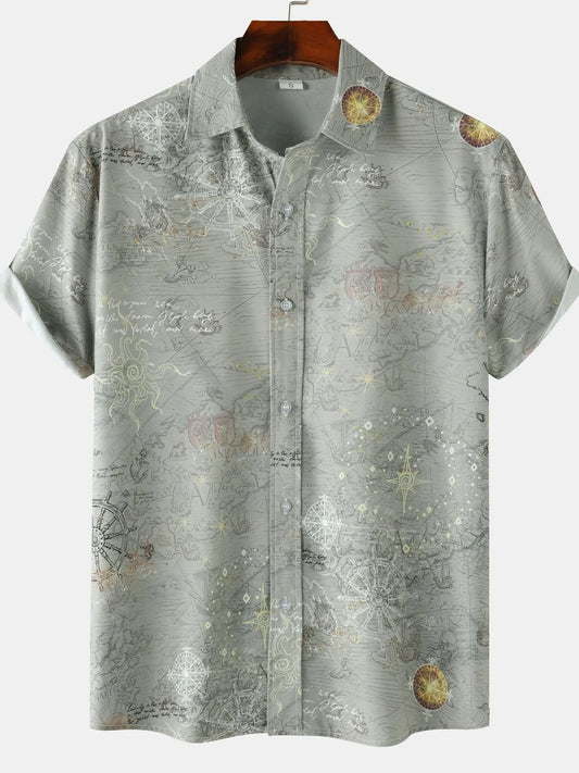 Men's Vintage Map Print Short Sleeve Button Down Shirt NicholesGifts