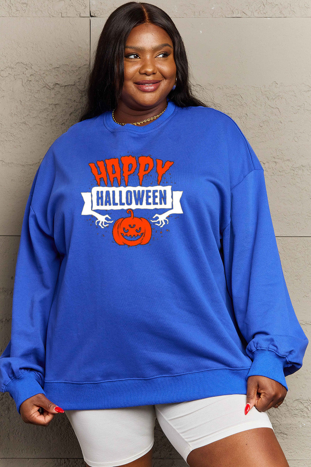 Women Simply Love Full Size Happy HAlloween Graphic Sweatshirt NicholesGifts