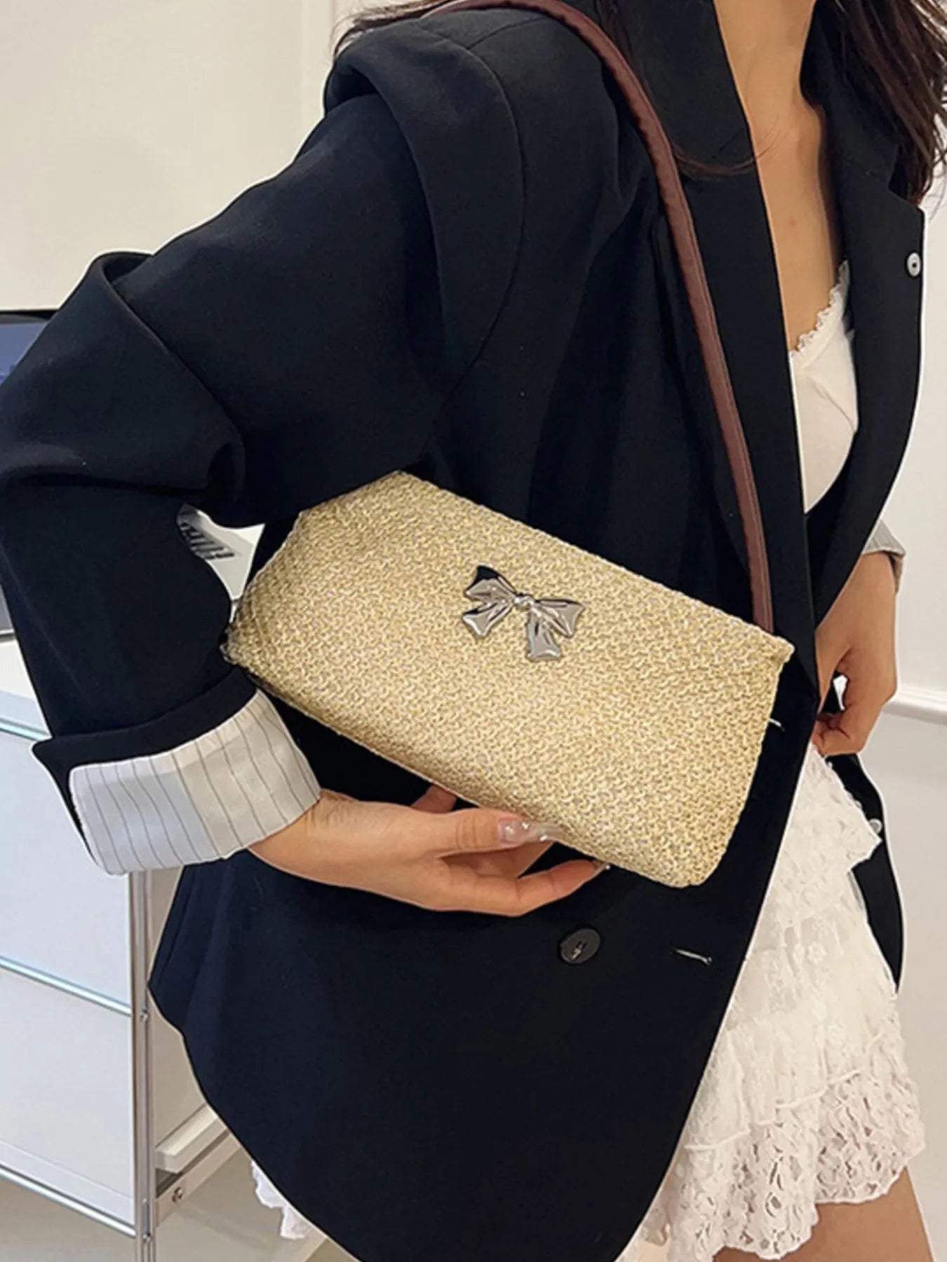Woven Straw Shoulder Bag with Bow Detail Trendsi