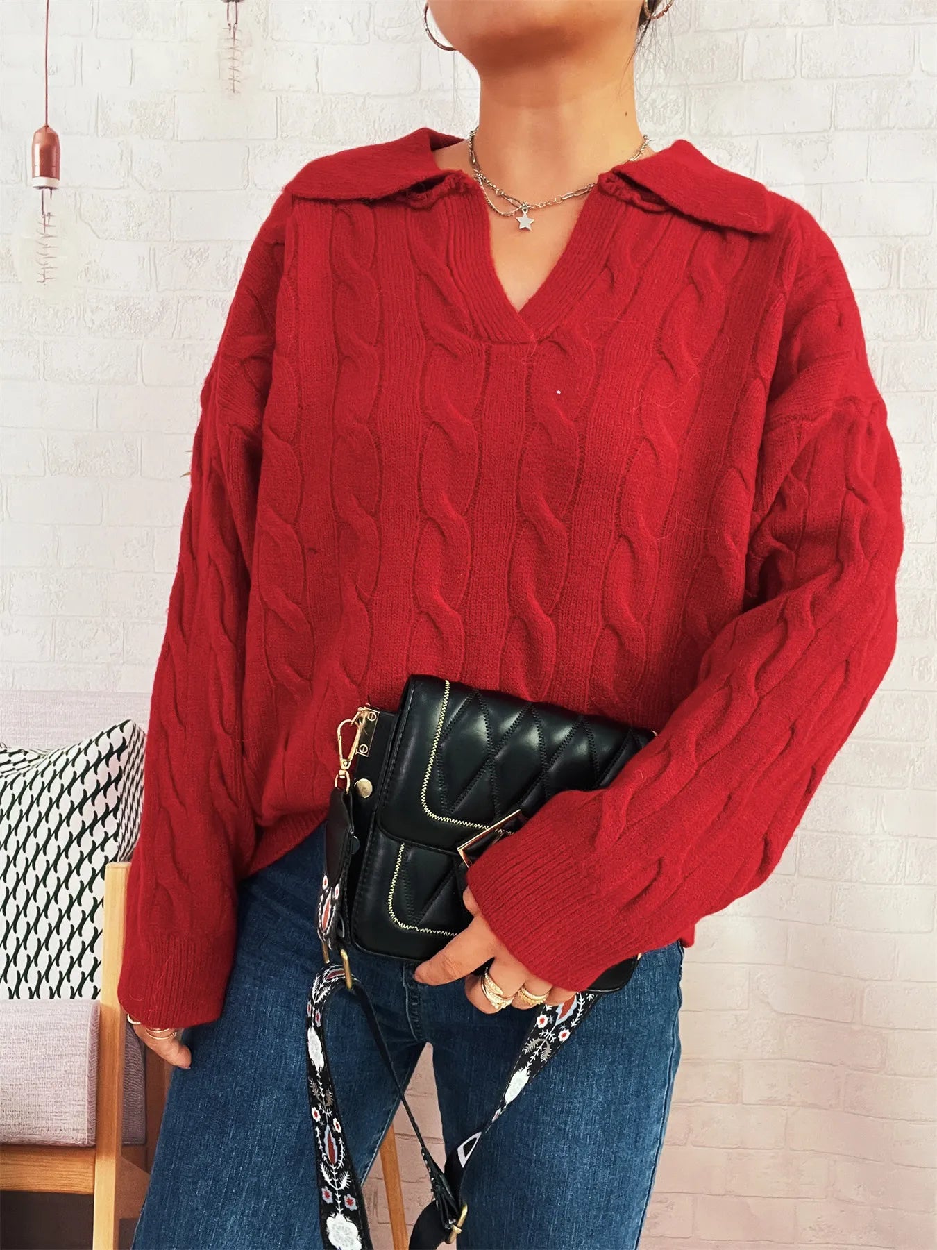 Cable Knit Johnny Collar Sweater