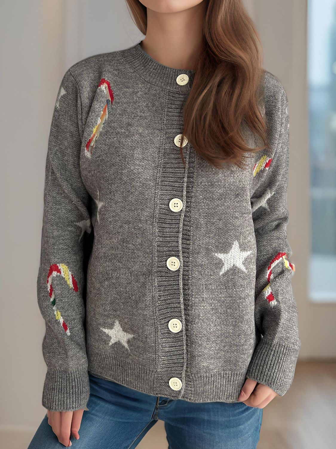NicholesGifts Women Candy Cane & Star Button Down Long Sleeve Christmas Cardigan NicholesGifts