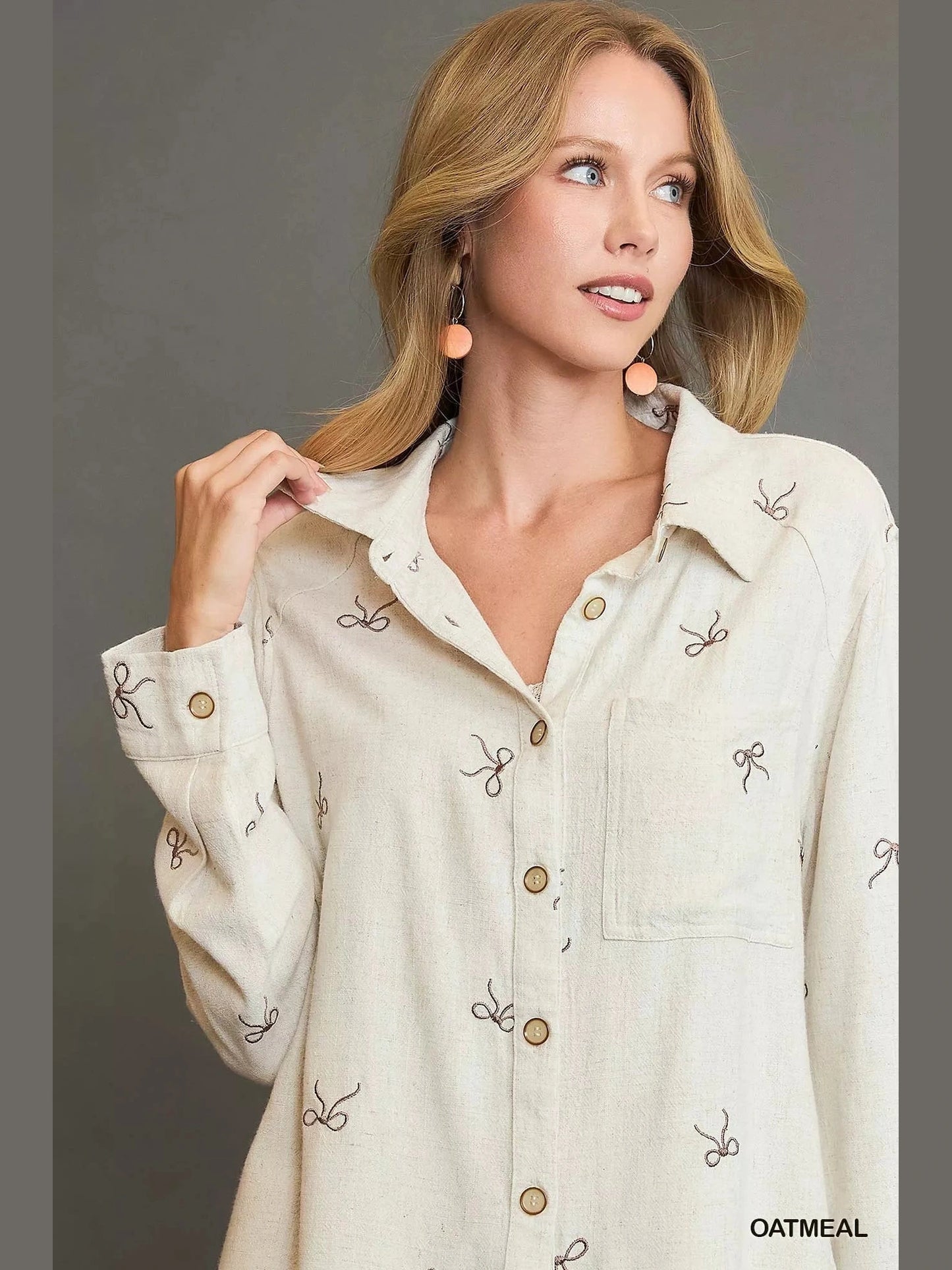 Women Umgee Linen Blend Long Sleeve Fitted Shirt with Ribbon Embroidery Details NicholesGifts