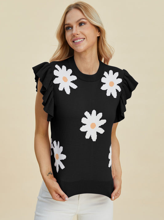 Women Double Take Full Size Ruffled Flower Round Neck Cap Sleeve Black Top NicholesGifts