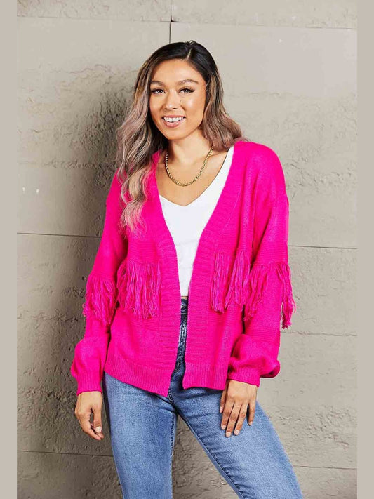 NicholesGifts Women Double Take Fringe Trim Open Front Cardigan