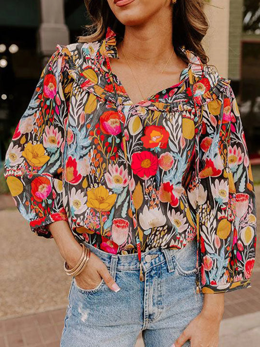 Floral 3/4 Puff Sleeve Tied Neck Blouse NicholesGifts
