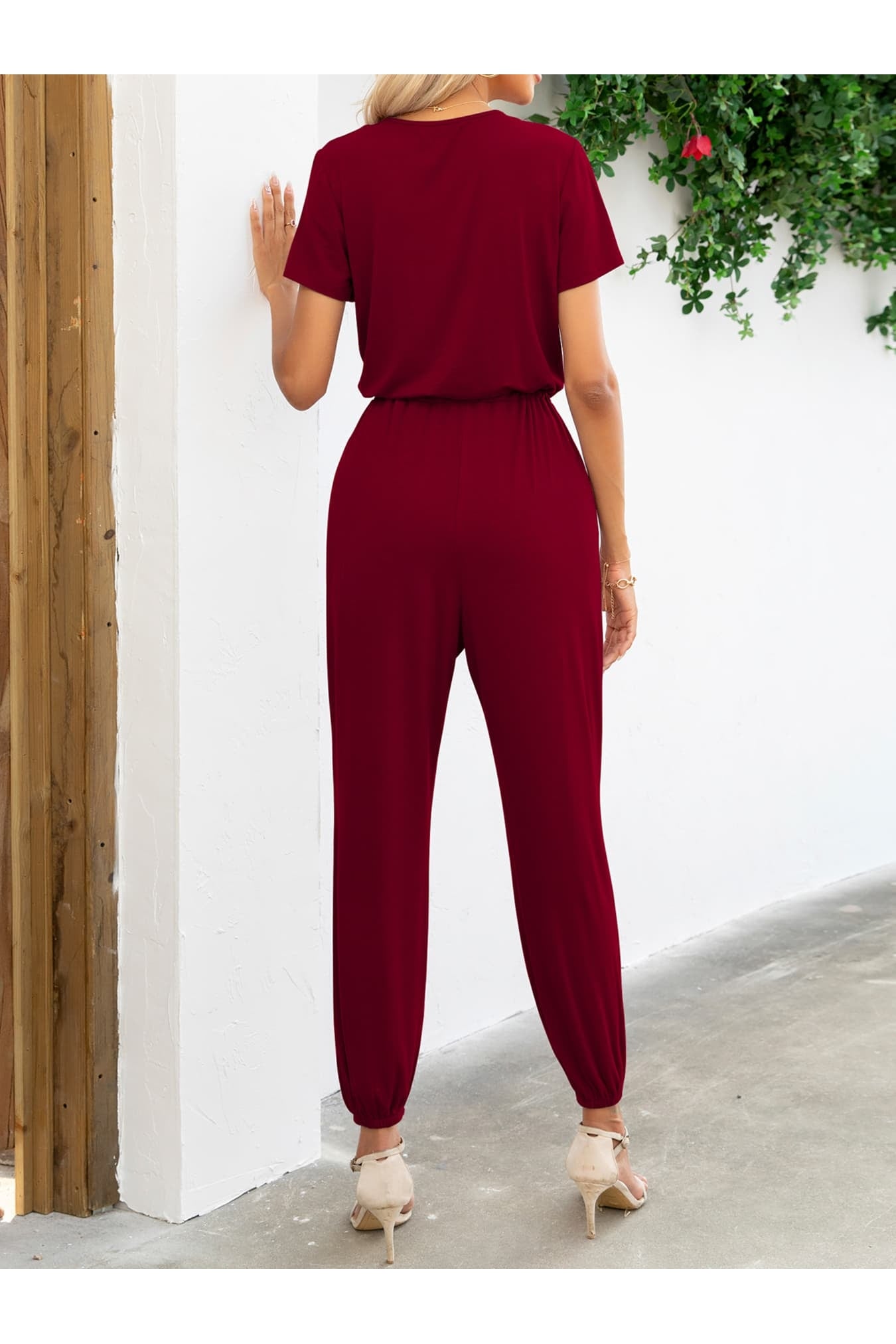 Short Sleeve V-Neck Jumpsuit with Pockets
