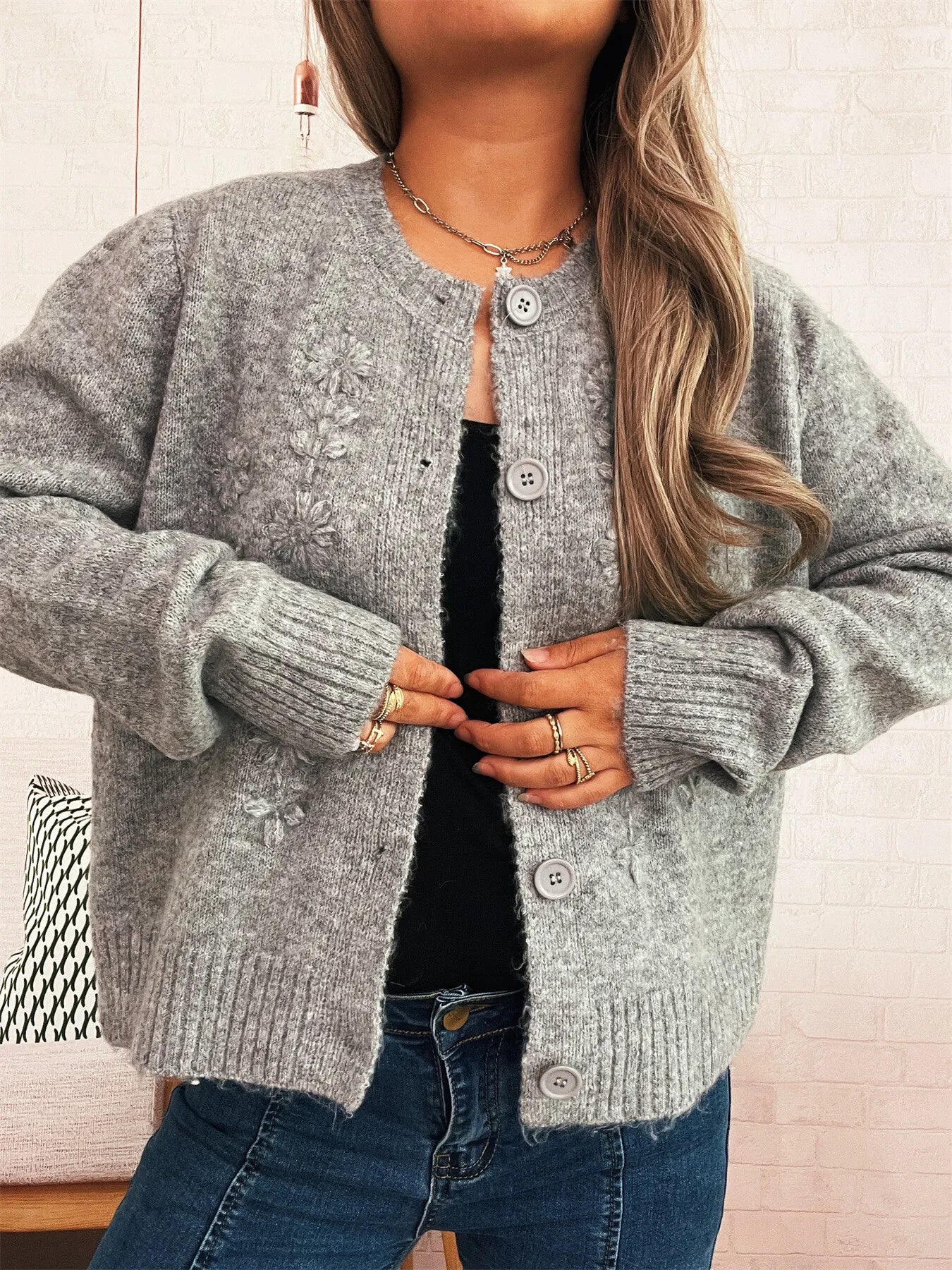 Flower Button Up Ribbed Hem Cardigan