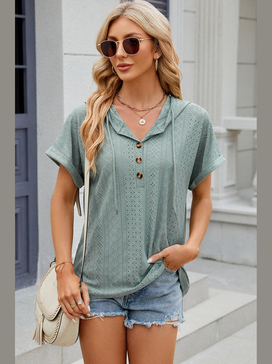Women Eyelet Drawstring Hooded Short Sleeve Blouse