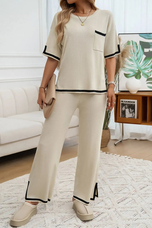 Devine Contrast Trim Half Sleeve Top and Pants Set Trendsi