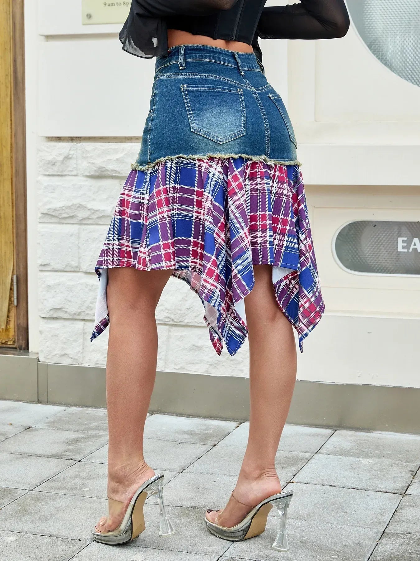 Asymmetric Plaid Hem Denim Skirt Trendsi
