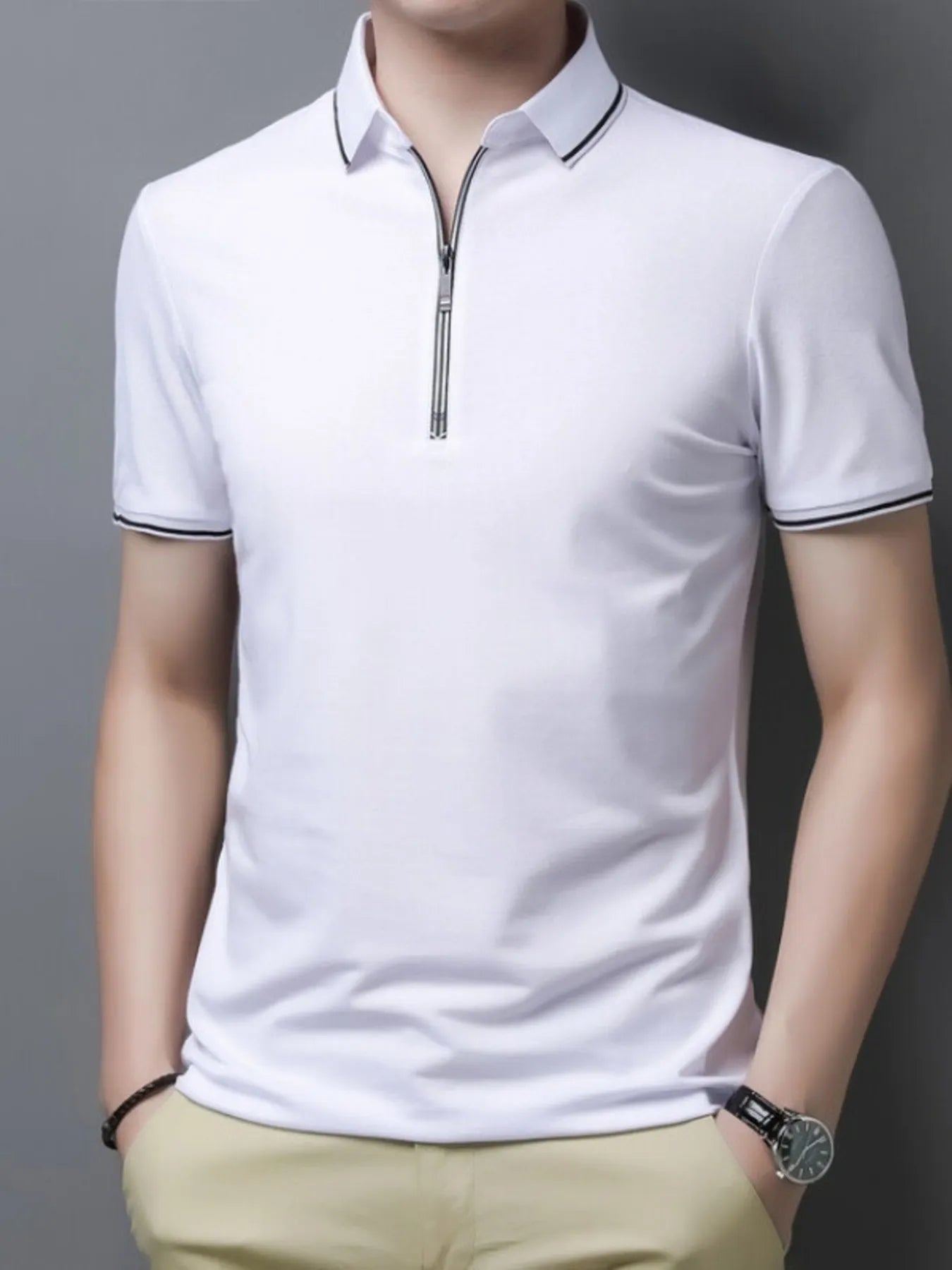 Men's Plus Size Half-Zip Contrast Trim Polo Shirt