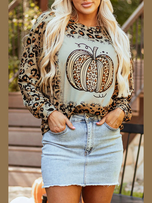 Pumpkin Graphic Leopard Round Neck Long Sleeve Sweatshirt