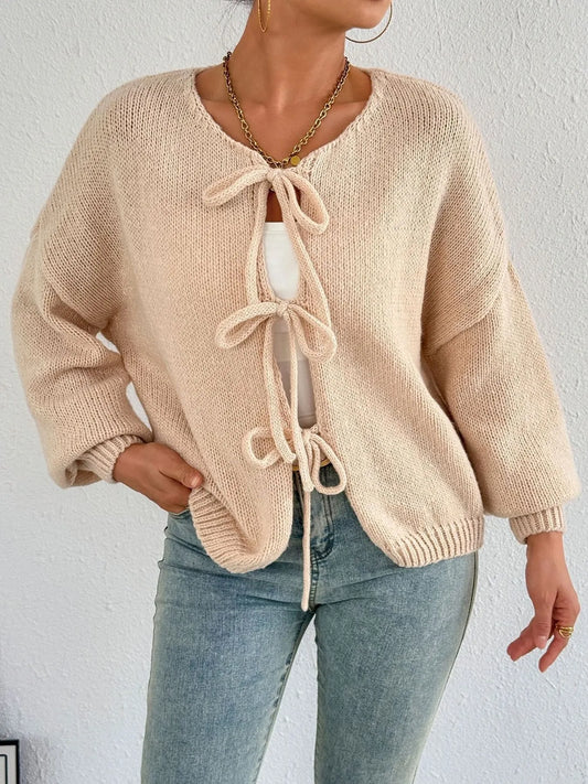 Cozy Bow-Tie Front Knit Cardigan Trendsi