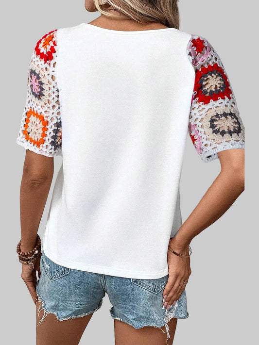 Geometric Round Neck Short Sleeve Blouse nicholesgifts