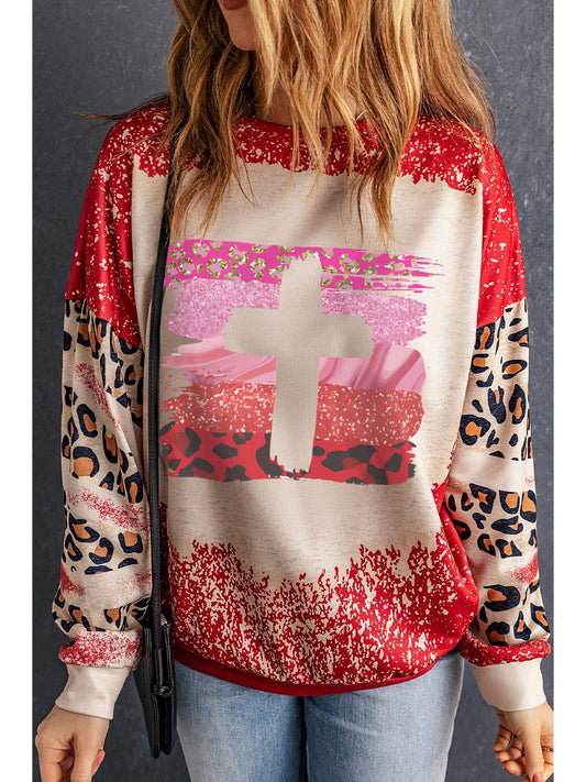 Women Leopard Round Neck Dropped Shoulder Sweatshirt