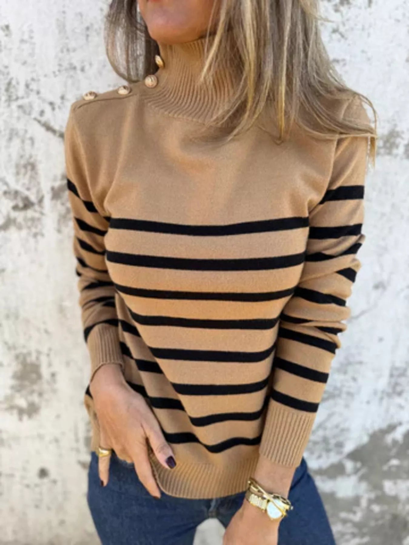 Full Size Striped Turtleneck Long Sleeve Sweater Plus Size Trendsi