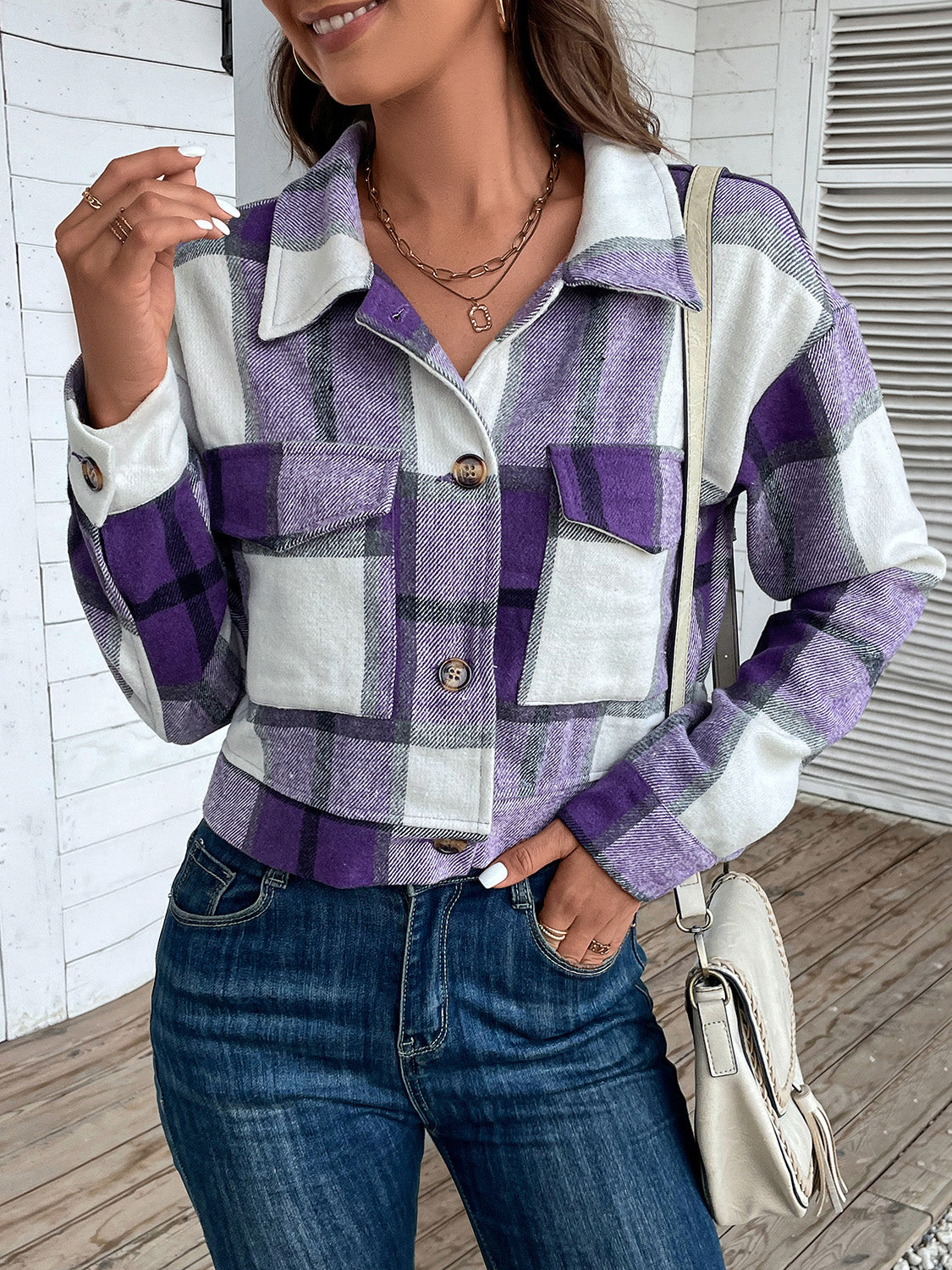 Perfee Plaid Button Up Drop Shoulder Cropped Jacket NicholesGifts