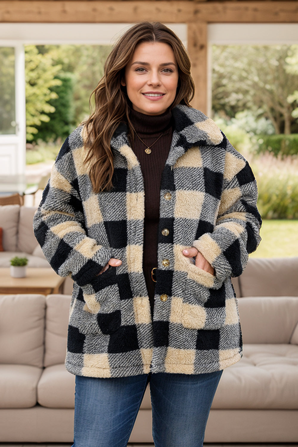NicholesGifts Women Plus Size Women Plaid Button Up Long Sleeve Coat NicholesGifts