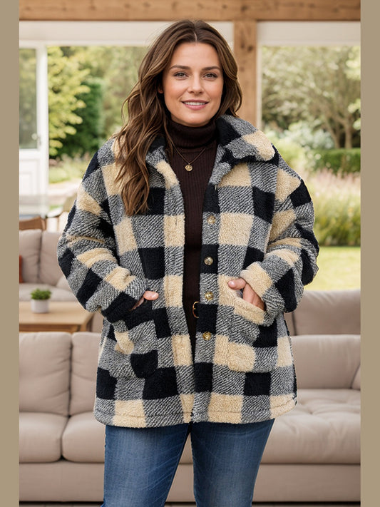 NicholesGifts Women Plus Size Women Plaid Button Up Long Sleeve Coat NicholesGifts
