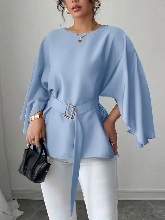 Belted Round Neck Flutter Sleeves Blouse NicholesGifts