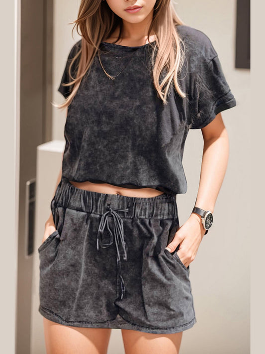 Heathered Round Neck Top and Shorts Lounge Set