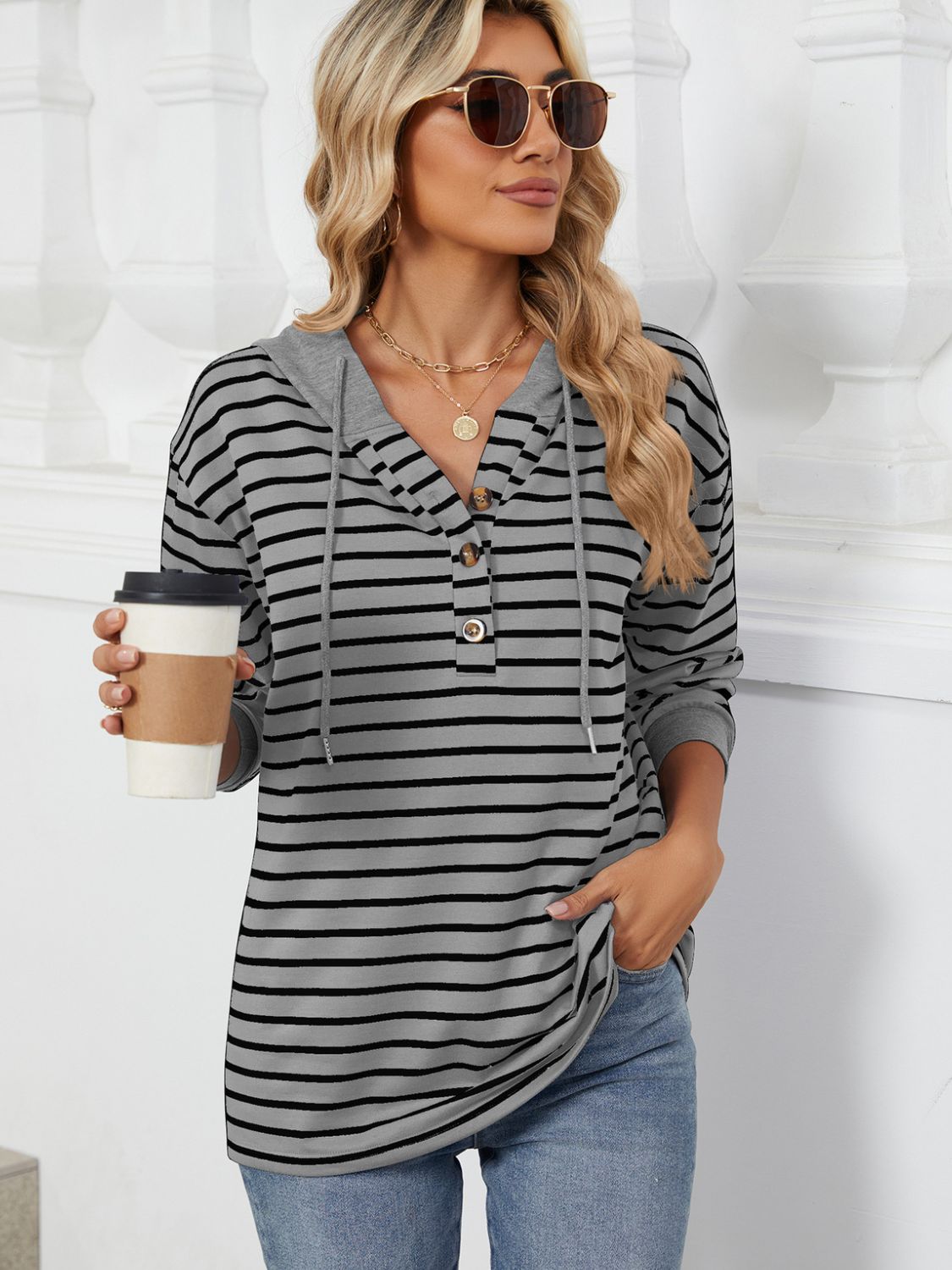 NicholesGifts Women Drawstring Striped Long Sleeve Hoodie NicholesGifts