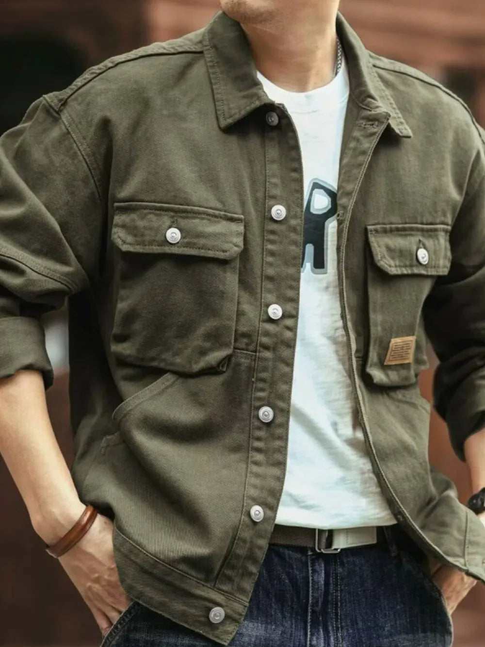 Men's Washed Collared Neck Cargo Jacket Trendsi