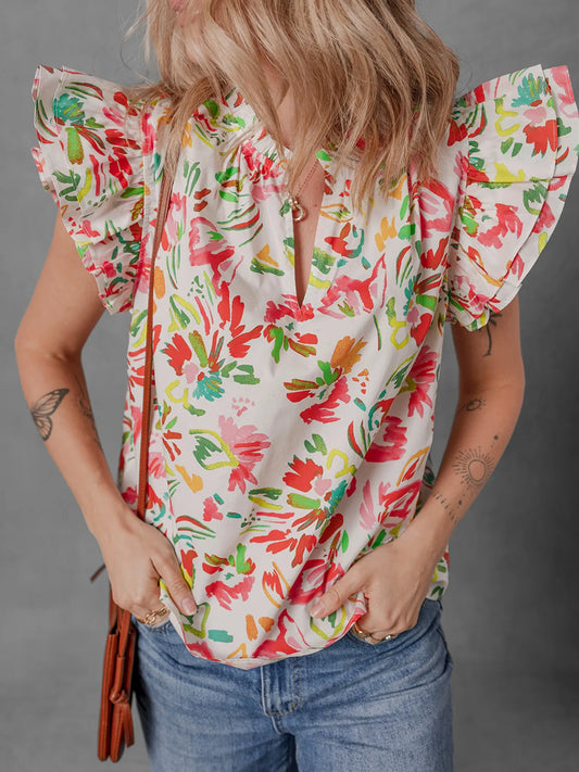 Multicolour Floral Printed Cap Sleeve Split Neck Blouse NicholesGifts