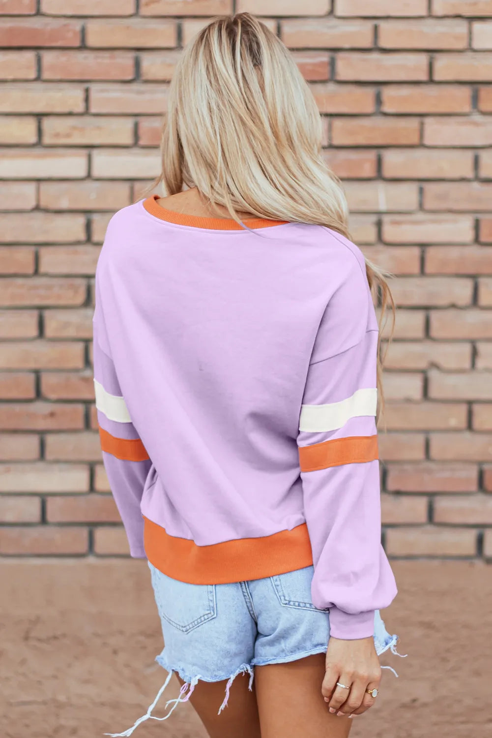 Women Contrast V-Neck Long Sleeve Lavender Colored Thanksgiving Sweatshirt NicholesGifts