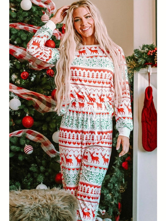Christmas Element Round Neck Top and Pants Lounge Set