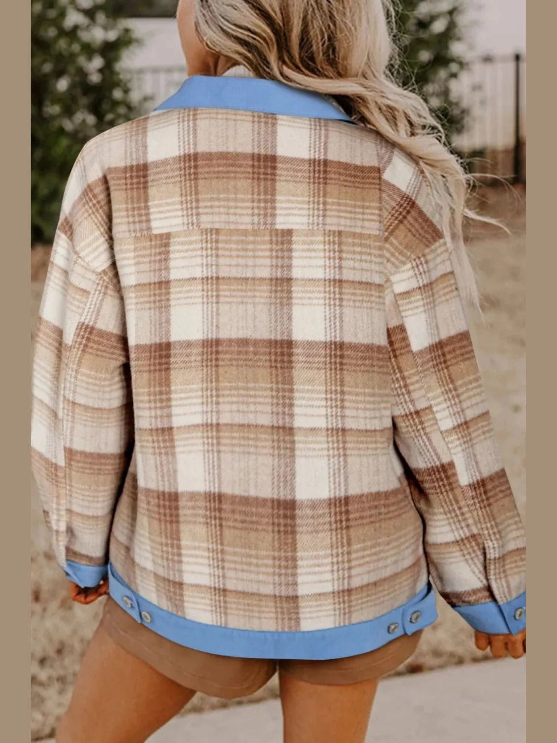 Contrast Trim Plaid Collared Neck Shacket Trendsi