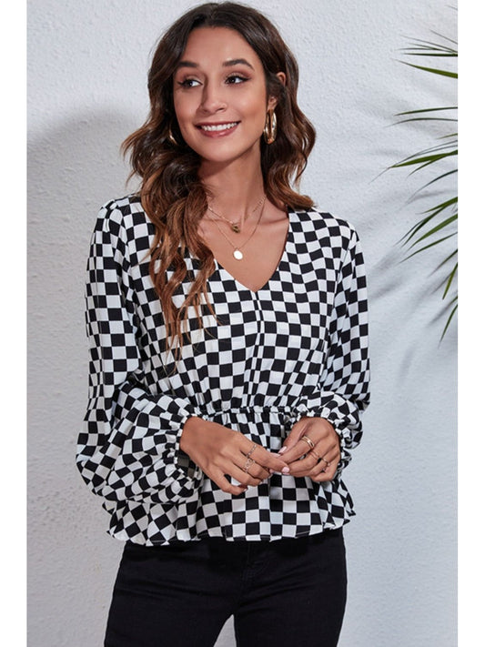 Women Checkered V-Neck Balloon Sleeve Peplum Blouse NicholesGifts