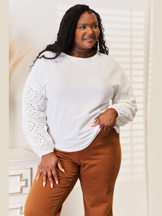 Double Take Eyelet Dropped Shoulder Round Neck Blouse