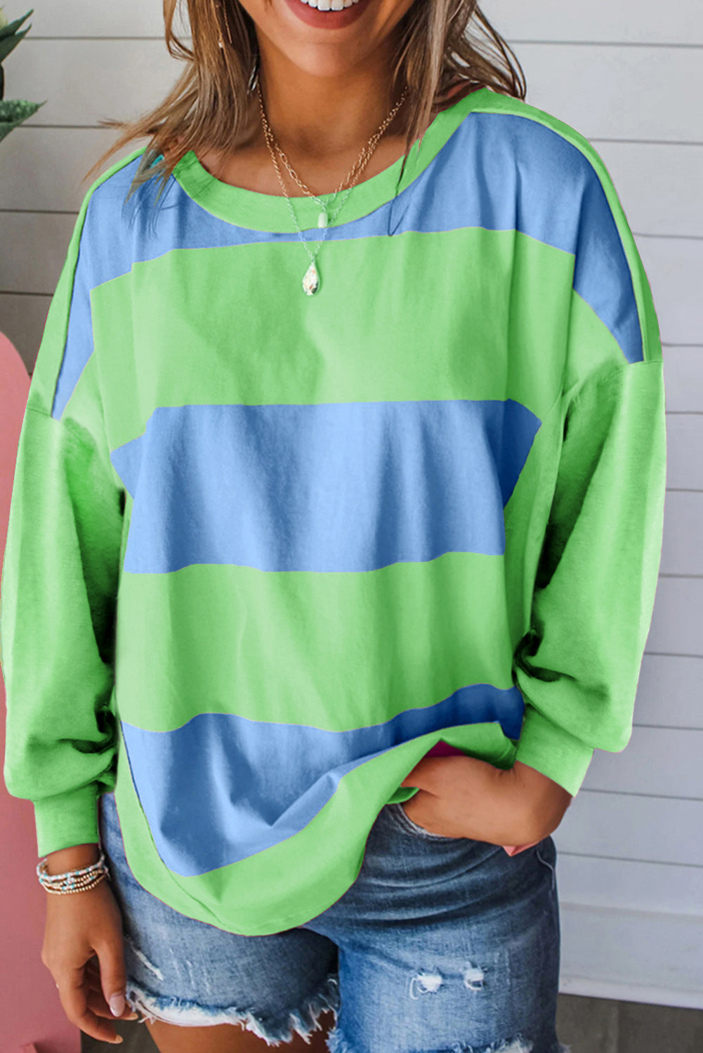 Women Pink Color Block Round Neck Long Sleeve Top NicholesGifts