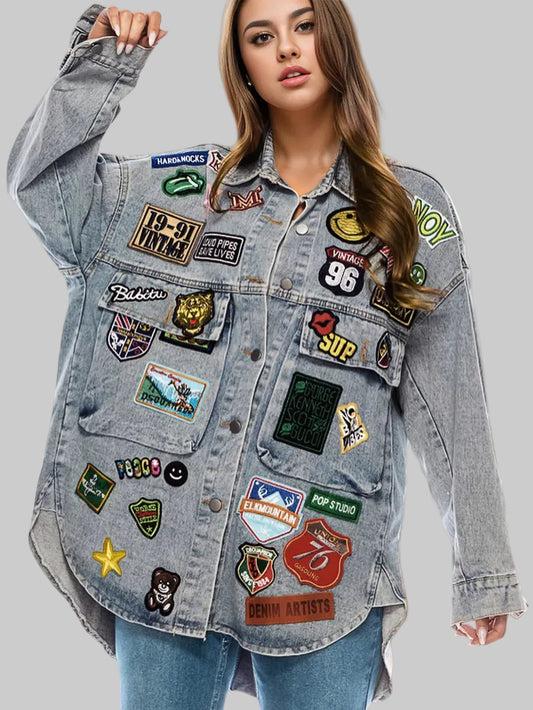 Women Embroidered Patch Button Up Long Sleeve Denim Jacket nicholesgifts