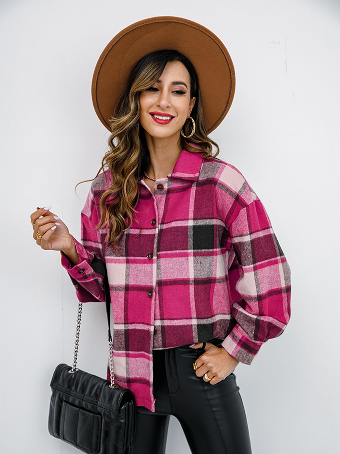 Shiny Plaid Button Up Collared Neck Jacket NicholesGifts