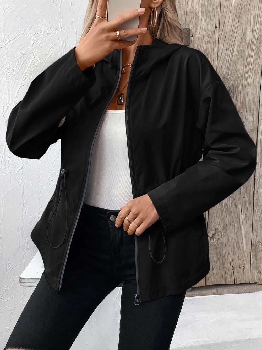 Ivy Lane Drawstring Zip Up Hooded Jacket nicholesgifts
