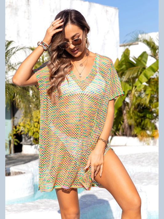 Slit Openwork V-Neck Short Sleeve Cover Up