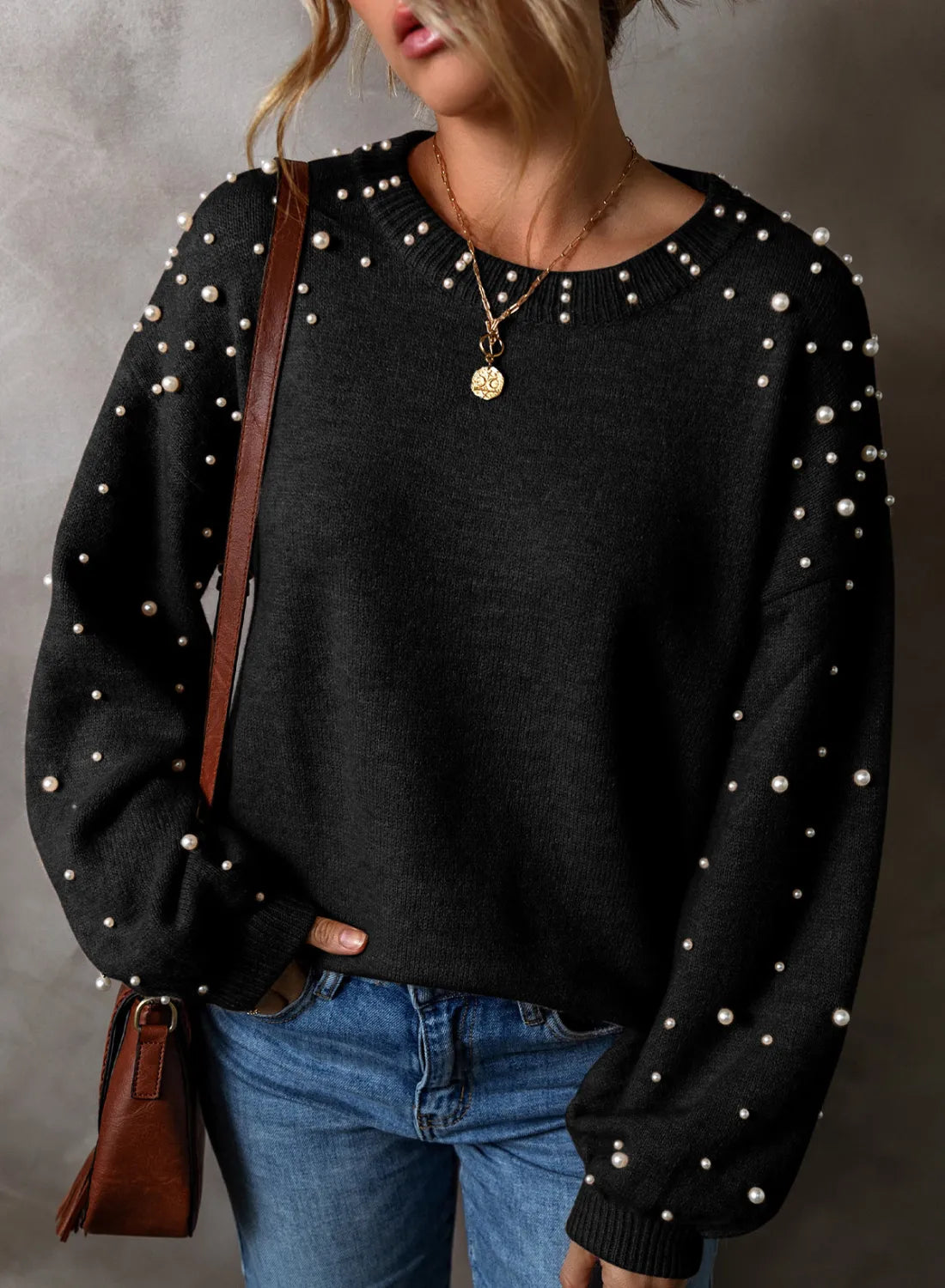 Women Pearl Detail Round Neck Long Sleeve Sweater