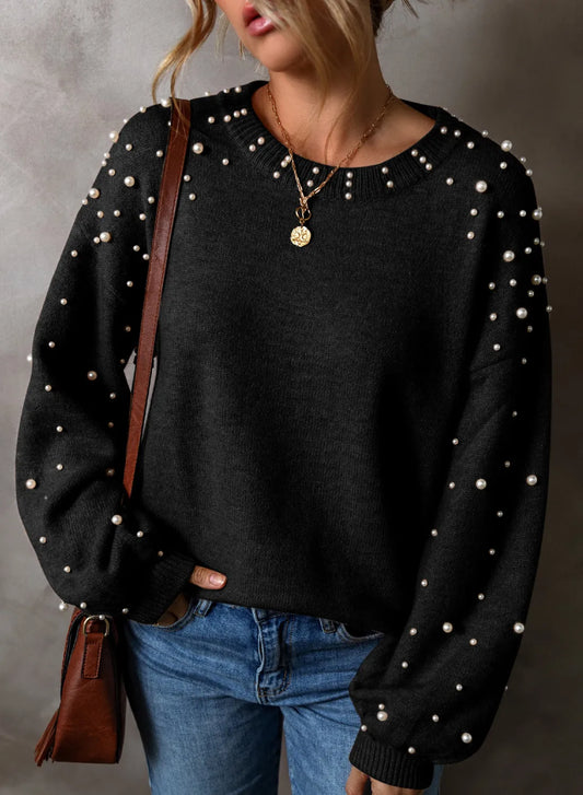 Women Pearl Detail Round Neck Long Sleeve Sweater