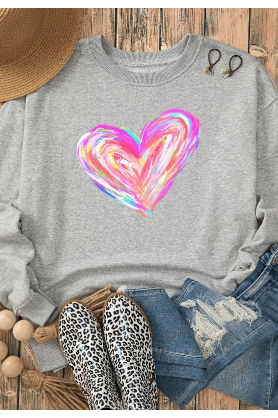 Women Valentine’s Day Heart Round Neck Drop Shoulder Sweatshirt NicholesGifts