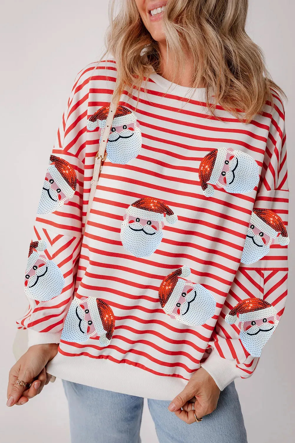 NicholesGifts Women Sequin Santa Striped Round Neck Long Sleeve Sweatshirt NicholesGifts