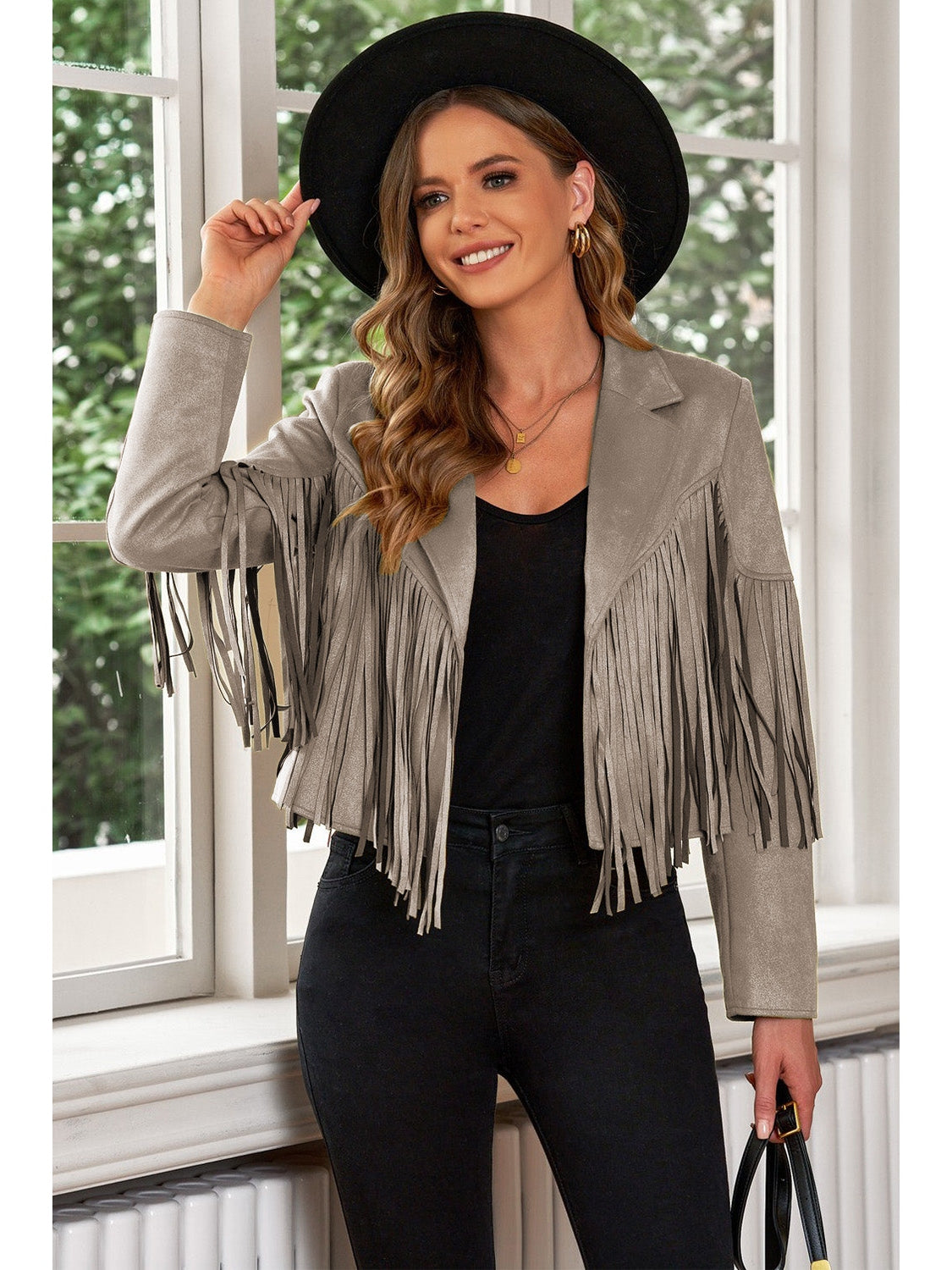 Fringe Trim Lapel Collar Cropped Blazer NicholesGifts