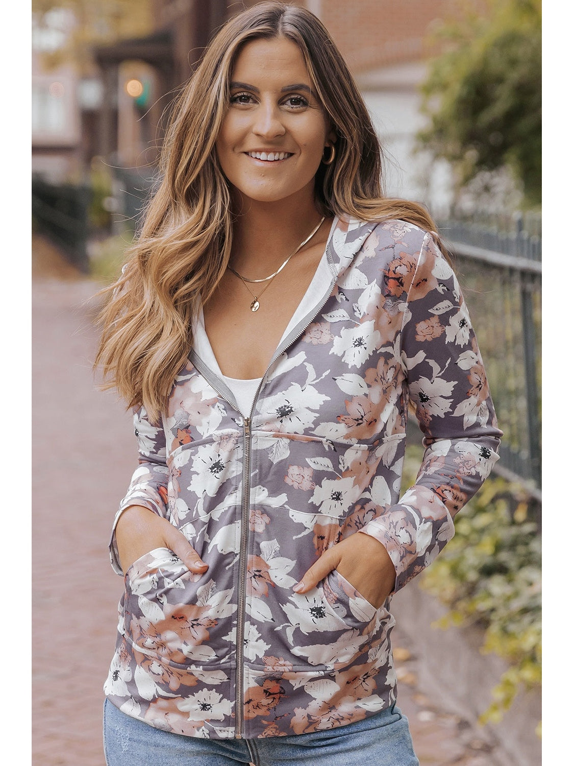 NicholesGifts Women Floral Zip Up Pocketed Hoodie NicholesGifts