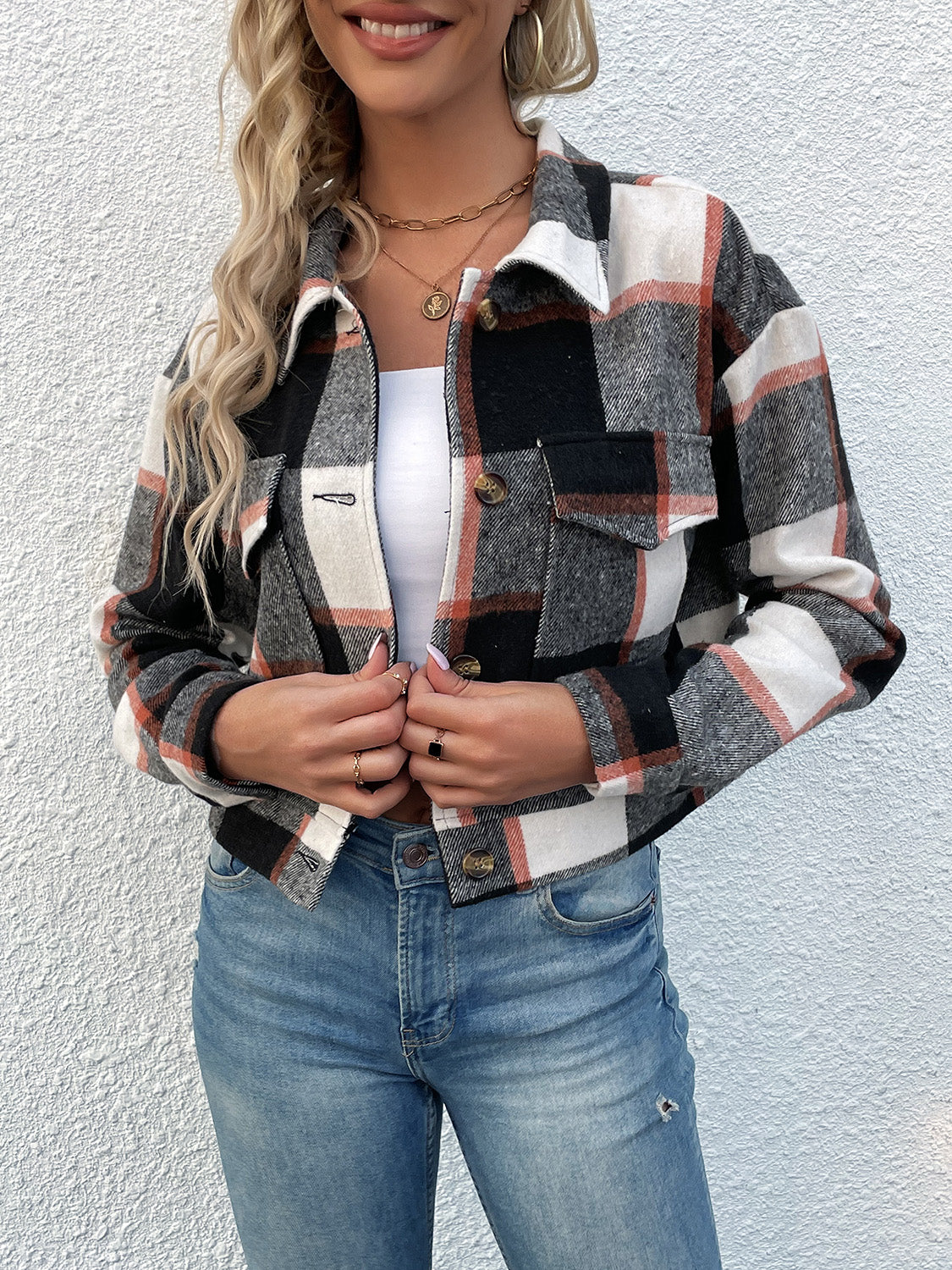 Perfee Plaid Button Up Drop Shoulder Cropped Jacket NicholesGifts