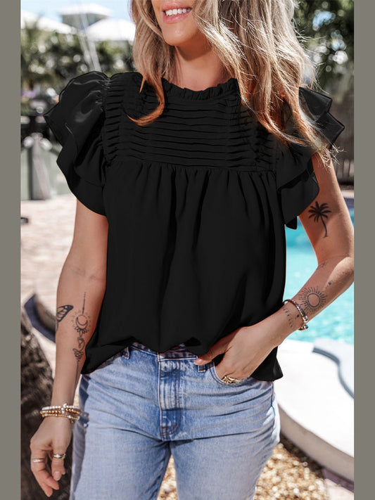 Women Ruffled Ruched Cap Sleeve Blouse