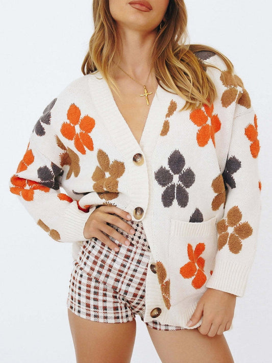 NicholesGifts Women Floral V-Neck Button Up Long Sleeve Cardigan